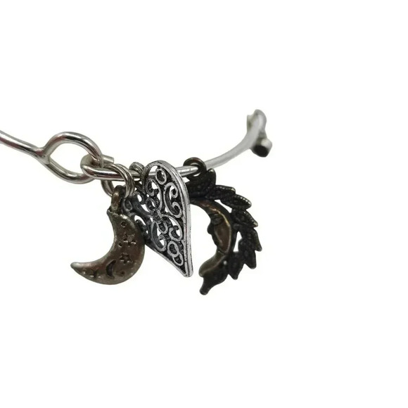 Moon Purple Stone Filigree Heart Charm Bangle Bracelet Silver Tone Vintage - Picture 2 of 5